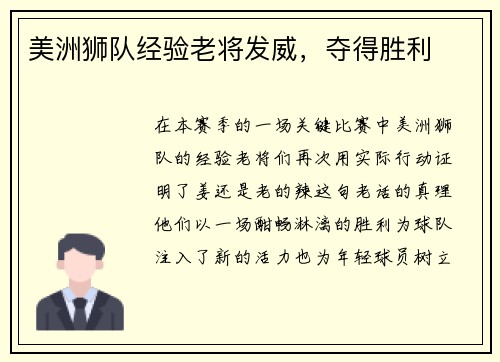 美洲狮队经验老将发威，夺得胜利
