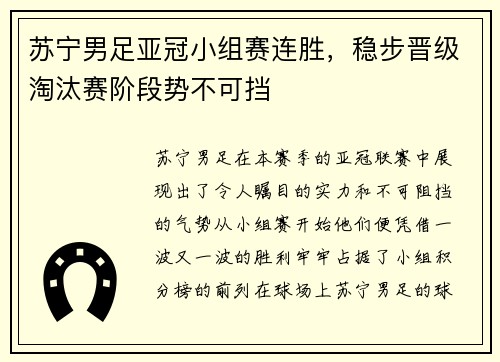 苏宁男足亚冠小组赛连胜，稳步晋级淘汰赛阶段势不可挡