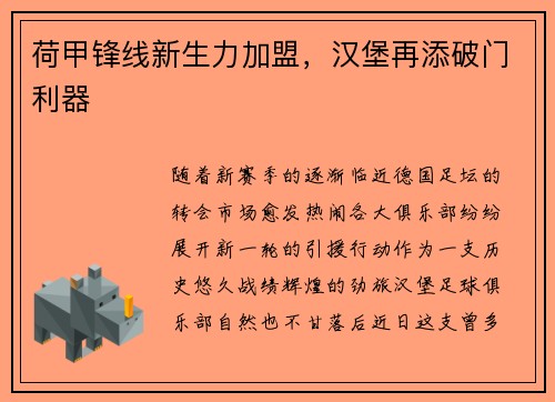 荷甲锋线新生力加盟，汉堡再添破门利器