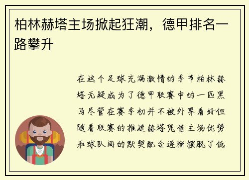 柏林赫塔主场掀起狂潮，德甲排名一路攀升
