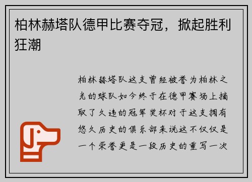 柏林赫塔队德甲比赛夺冠，掀起胜利狂潮