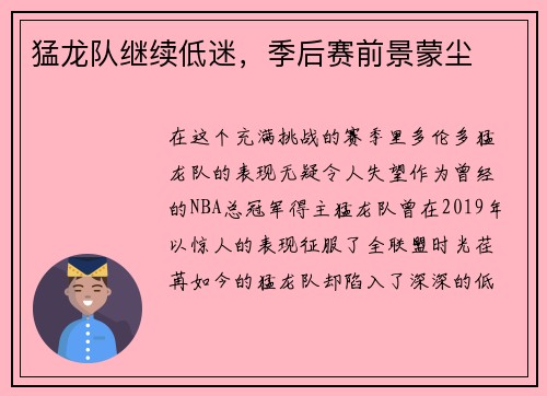 猛龙队继续低迷，季后赛前景蒙尘