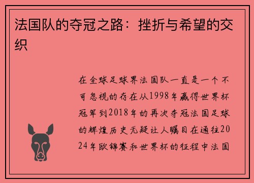 法国队的夺冠之路：挫折与希望的交织