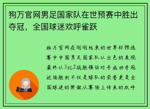 狗万官网男足国家队在世预赛中胜出夺冠，全国球迷欢呼雀跃