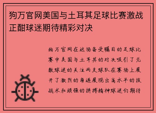 狗万官网美国与土耳其足球比赛激战正酣球迷期待精彩对决