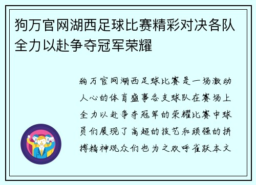 狗万官网湖西足球比赛精彩对决各队全力以赴争夺冠军荣耀