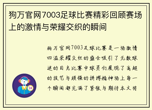 狗万官网7003足球比赛精彩回顾赛场上的激情与荣耀交织的瞬间