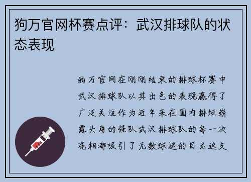 狗万官网杯赛点评：武汉排球队的状态表现