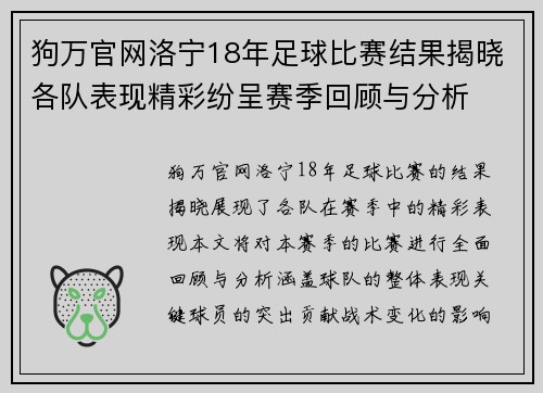 狗万官网洛宁18年足球比赛结果揭晓各队表现精彩纷呈赛季回顾与分析