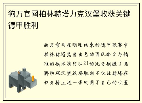 狗万官网柏林赫塔力克汉堡收获关键德甲胜利
