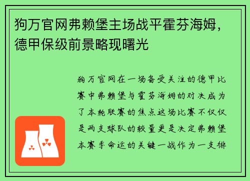 狗万官网弗赖堡主场战平霍芬海姆，德甲保级前景略现曙光