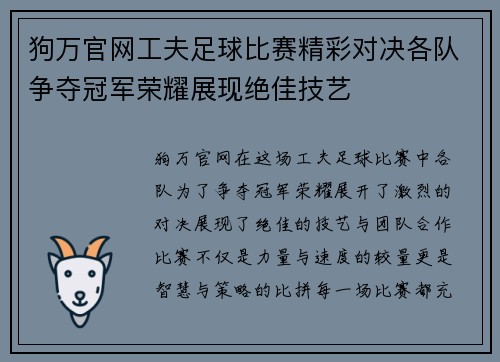 狗万官网工夫足球比赛精彩对决各队争夺冠军荣耀展现绝佳技艺