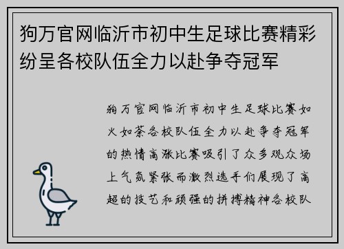 狗万官网临沂市初中生足球比赛精彩纷呈各校队伍全力以赴争夺冠军