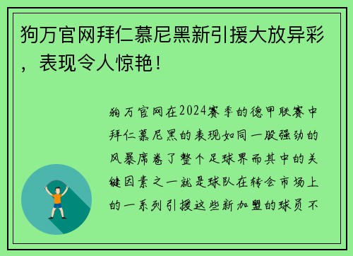 狗万官网拜仁慕尼黑新引援大放异彩，表现令人惊艳！
