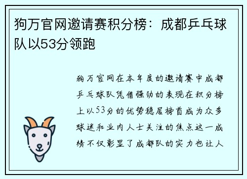 狗万官网邀请赛积分榜：成都乒乓球队以53分领跑